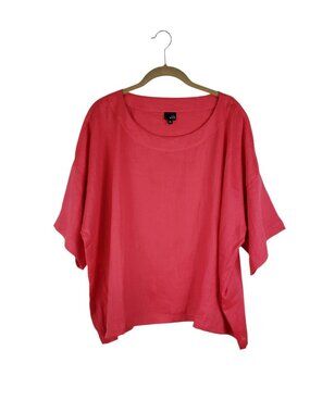 Lisa Bayne Watermelon Pink Woven Linen Boxy Short Sleeve Top Pockets Womens XL